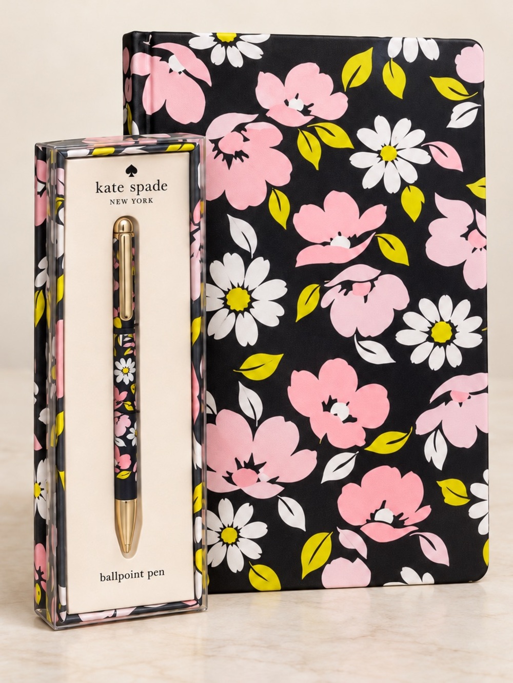 kate spade Black Floral notebook with matching pen with Pink and Yellow Accents